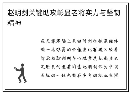 赵明剑关键助攻彰显老将实力与坚韧精神