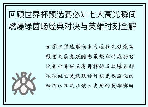 回顾世界杯预选赛必知七大高光瞬间燃爆绿茵场经典对决与英雄时刻全解析